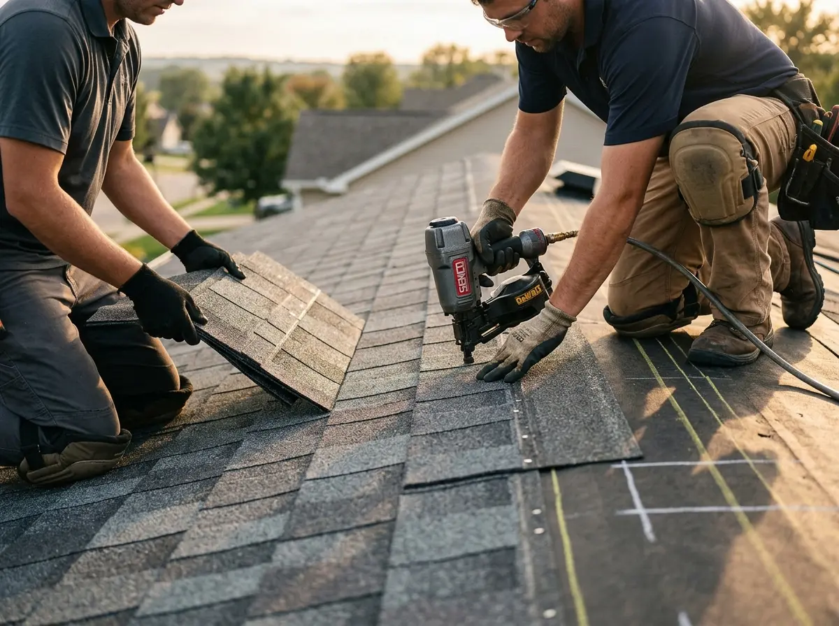 Professional roofer working on a residential roof in Lake Forest